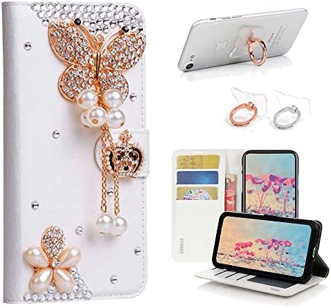 STENES BLING PALLET CHEP COMPATÍVEL COM SAMSUNG GALAXY S23 CASA - ENLISHO - 3D Coroa de borboleta artesanal Crown Crown Cover com suporte para o anel [2 pacote] - Branco