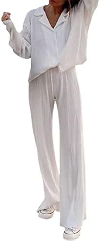 Mulheres 2 peças calças de linho definir roupas casuais de verão de manga comprida botão para baixo camisa de calça alta