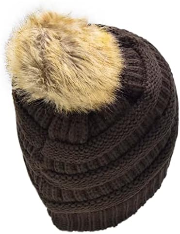 C.C Trendy Whar Mold Stretch Cable Knit Rospete com peles Faux Pom Pom Pom Fuzzy Sherpa Fleece Lined Skull Cap Cuff