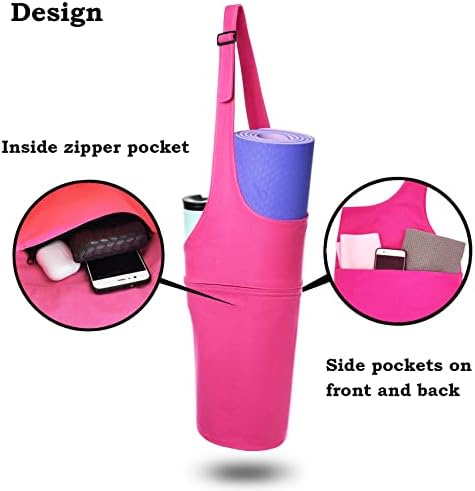 Hyypme Pink Yoga Mat Bag, transportador de tapete de ioga com bolsos laterais e alça ajustável, suporte de tapete de ioga grosso, bolsa de ginástica rosa, bolsa de tapete de ioga grande, acessórios de ioga