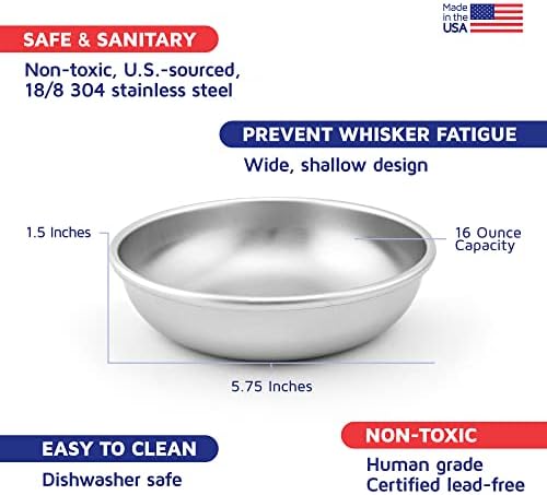 Tigelas de gato de aço inoxidável para comida e água por Americat - fabricado nos EUA - lava -louças seguras, grau humano, pratos