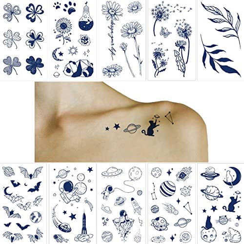 ANIUVOT Pequeno semi-permanente Tatuagens Flores e Espaço para Mulheres adolescentes 10 folhas, tinta à base de plantas, Tattoos temporários realistas Sun Moon Stars, Dandelion, Clover, durading por 1 ~ 2 semanas