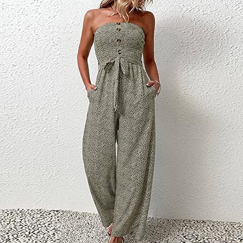 Macacões Ndvyxx para mulheres Summer Summer Sexy V pescoço de alta cintura High Slim Fit Playsuit Romes de pernas largas com estampado