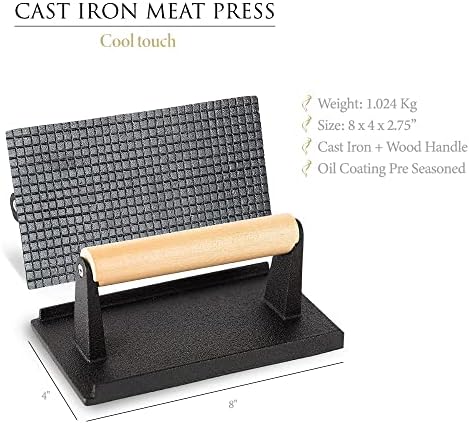 Humos pré -temperados Carne de ferro fundido Pressione Touch de madeira de 8 ”x4” de serviço pesado para paninis, bacon