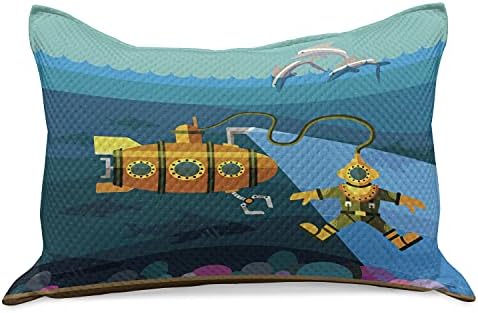 Ambesonne amarelo submarino de malha de malha de colcha de travesseiros, mergulhador submarino pulando os golfinhos ilustração impressão, capa padrão de travesseiro de tamanho king para quarto, 36 x 20, azul a gasolina e gengibre