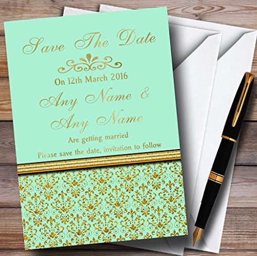 Mint Green & Gold Vintage Damasco Casamento Personalizado Salve os cartões de data