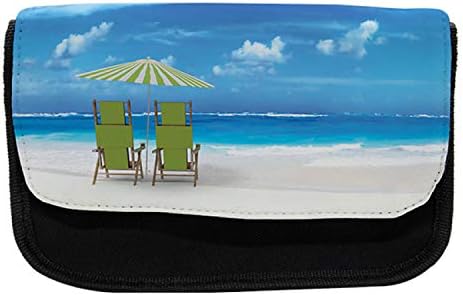 Caixa de lápis à beira -mar lunarable, cadeira de sol com vista para o oceano, bolsa de lápis de caneta com zíper duplo, 8,5 x 5,5, verde de limão azul e branco