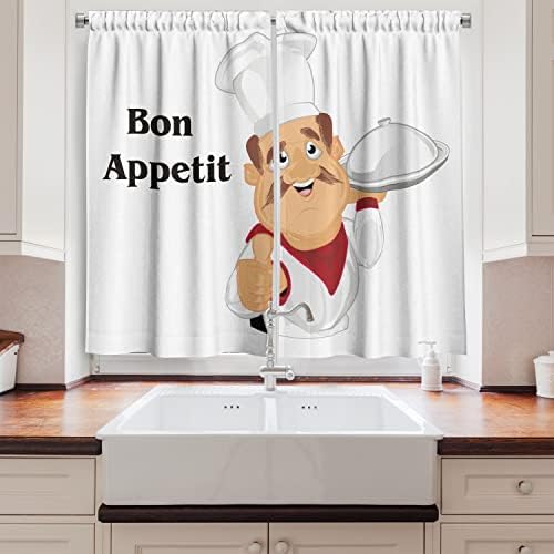 Chef lunarable cortinas de cozinha longa, cozinheiro simples de desenho animado com mensagem francesa de Bon Appetit