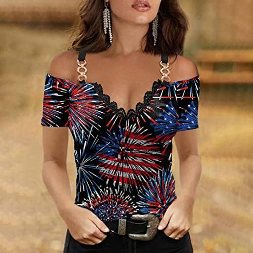 HOXINE WOMENS SEXY OFF TOPS TOPS MATHON METAL CHINAPS TUNIC V NESCENDO 4º de julho Tshirts American Flag Print Camisetas