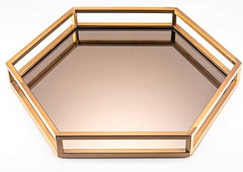 Bandejas decorativas de metal hexagonal com tendência, moldura de aço inoxidável SUS 304 e fundo de vidro espelhado, L 16,9 x 14,8 x 2