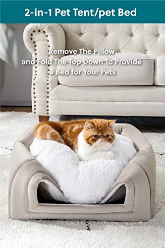 Camas de gato de camisa para gatos internos - Caverna de gato de gato de gato de gato médio com travesseiro lavável removível, camas de gatinho Cat cabana, bege escuro, 19 polegadas