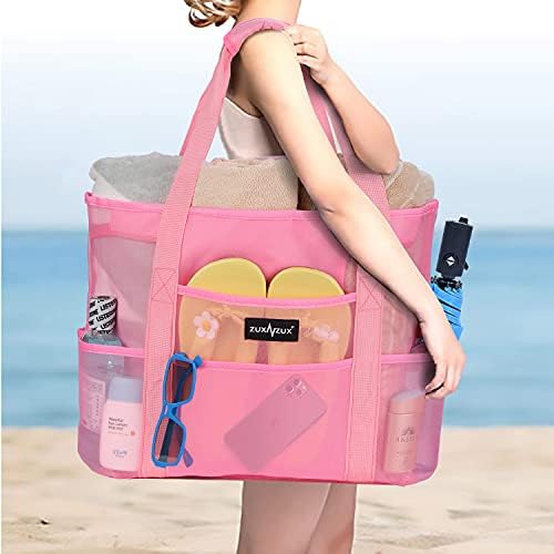 Bolsa de praia Zuxnzux, bolsa de praia de malha, bolsas de brinquedo, sacolas de praia dobráveis ​​de grandes dimensões com 8 bolsos para viagens de piscina em família