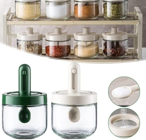 Hermj Clear Glass Condimento Potes, recipientes de açúcar e armazenamento de sal, colher tampa de especiarias retráteis integráveis, recipiente de alimentos de vidro selado com escola para especiarias, chá, sal, açúcar 2 pcs