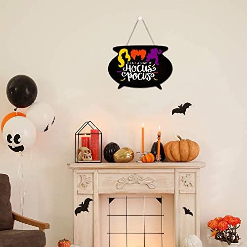 Benwanfee Halloween hocus pocus porta sinal hocus pocus sinal pendurado sinal witches tema de madeira haber halloween decoração de parede externa interna para decorações de halloween