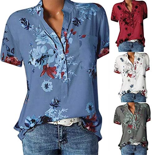 Andongnywell Fashion Fashion Floral Print V Tops de pescoço curto Túmulos de blusa impressos