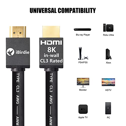 Ibirdie 8k HDMI 2.1 Cabo 10 pés Cl3 na parede Classificação de 8K60Hz 4K120HZ EARC ARC HDCP 2.3 2.2 Ultra de alta velocidade
