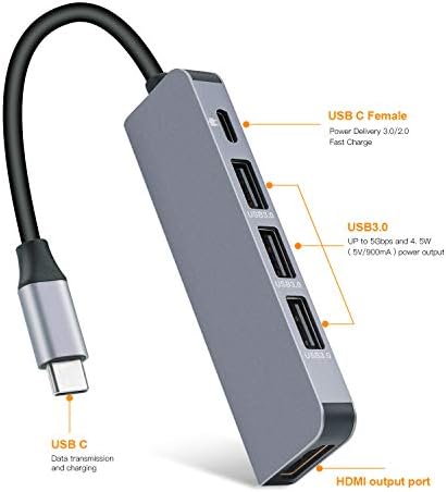 Hub USB tipo C 5 em 1 USB C Adaptador com 4K USB C a HDMI, USB3.0 com transferência de dados de 5 GB compatível com laptops tipo C