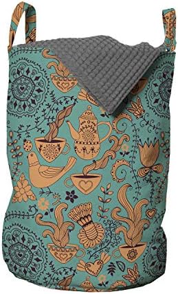 Bolsa de lavanderia vintage de Ambesonne, padrão de arte de rolagem da natureza com pássaros flores e xícaras, cesto de cesto com alças