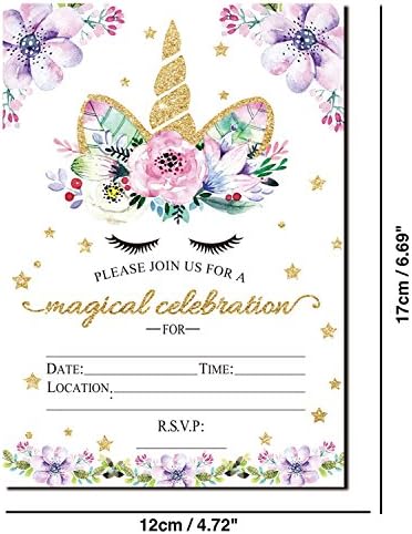 Convites mágicos de aniversário de unicórnio, convites de unicórnio de glitter para o aniversário de unicórnio com envelopes para