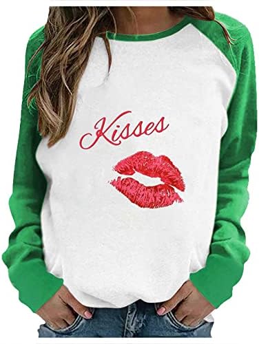 Kiss Lips Prinha camisas de manga longa para mulheres Dia dos namorados colorblock raglan t-shirt tops moda saindo túnica tee