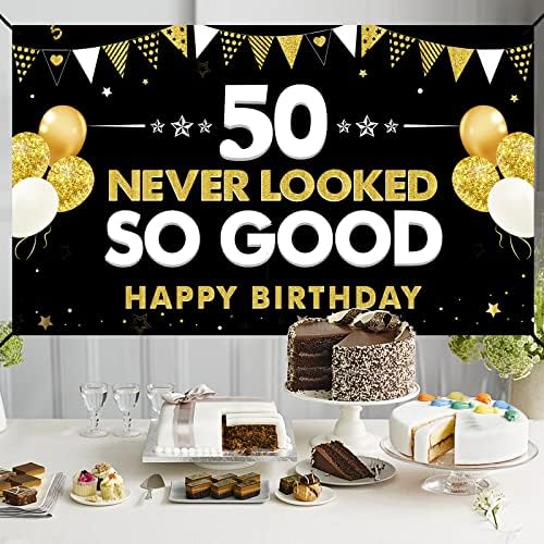 Decorações engraçadas de banner de 50 anos para homens, Mulheres, Black Gold Happy 50th Birthday nunca parecia tão bom Banner Party