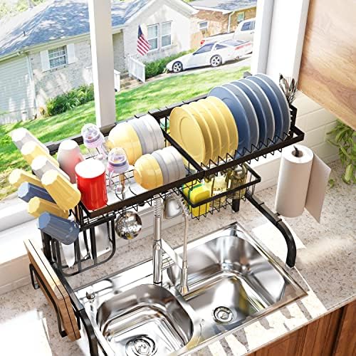 Sobre o rack de secagem de pratos, ajustável de 2 pratos de secagem para o balcão da cozinha com toutel de papel Towel Copo Utensílio de utensílio