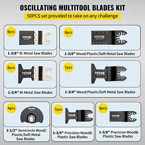 VEVOR 50 PCS PILAÇÃO OSCILAÇÃO DE SAW, KIT Multitool Blades de liberação rápida, lâminas de ferramentas HCS para pregos de metal de plástico de madeira parafusos, compatíveis com Dewalt Dremel Fein Worx Bosch Makita Milwaukee