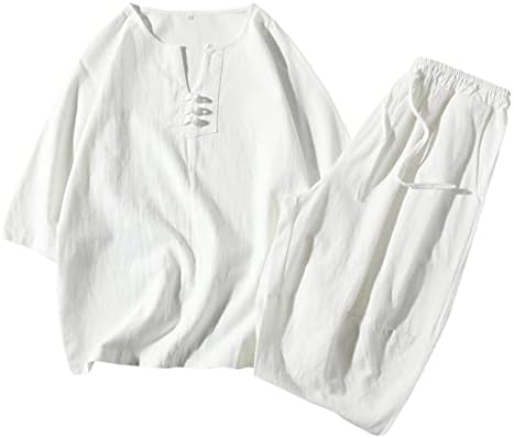 STOTA Mens Mens Sólida Camista e Shorts Atete de Tracksuit de 2 Peças, Tang Suit Suit Cutped Cotton Cotton Linen Tillesuits