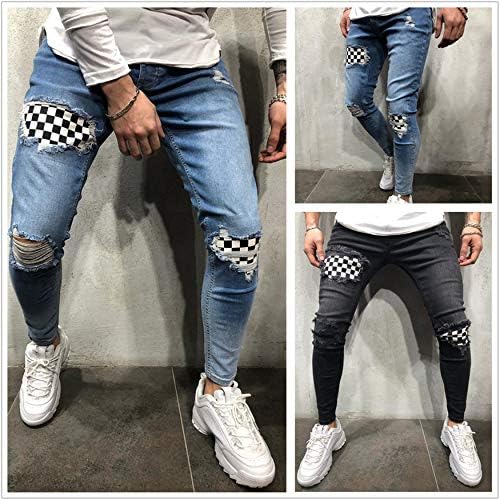 Jeans rasgados de Andongnywell Men Slim Fit forncing calças jeans angustiadas Jeans de perna com zíper com botão de zíper