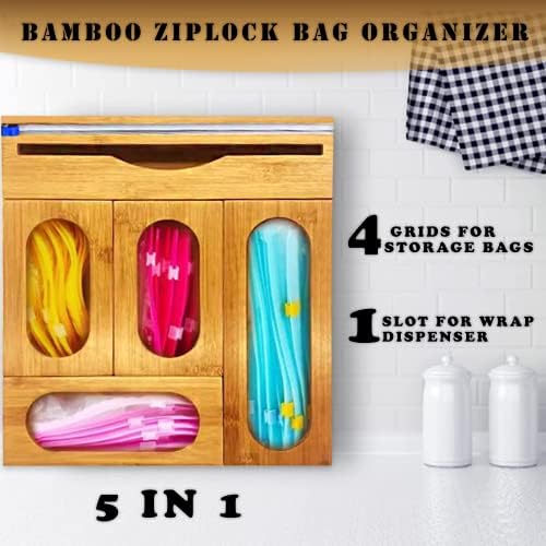 OOAZ 5 em 1 Gaveta de bambu Organizador para sacos de ziplock, organizador de sacola de sanduíche e sanduíche separado