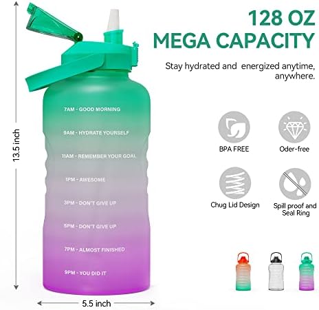 Garrafa de água 128 onças com marcador de tempo e palha, Coolfask Motivacional à prova de vazamento BPA Jarro de água