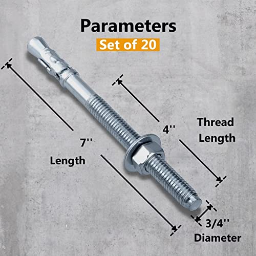 Âncora de cunha de 3/4 x 7 '', diâmetro de 3/4 de polegada para concreto, 20 pcs âncora de parede de concreto de zinco pesado