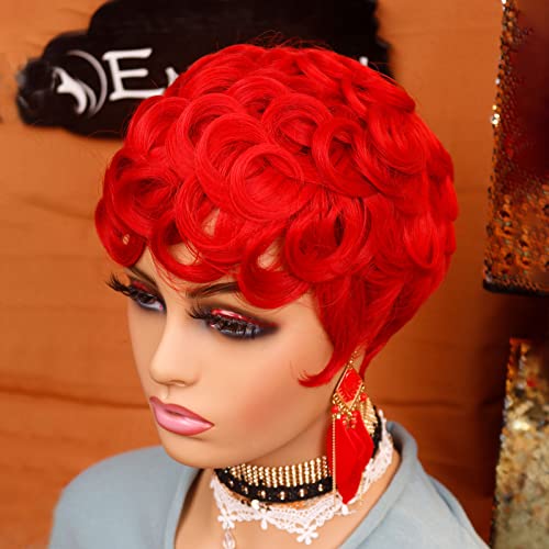 Enjeein Red Red Curly Wigs para mulheres negras Pixie Red Cut Wig com franja perucas de pixie curta para mulheres negras perucas curtas