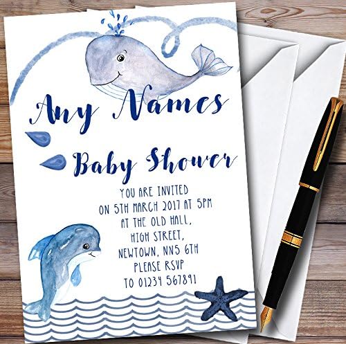 Convites de chá de bebê personalizados no mar náutico de baleias e golfinhos