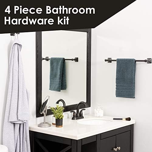 JS Jackson fornece kit de hardware de banheiro quadrado e quadrado de 4 peças - inclui barra de toalhas de 18 , suporte de papel higiênico e ganchos de túnica, conjunto de acessórios de banheiros de aço inoxidável montado na parede, bronze esfregado a óleo