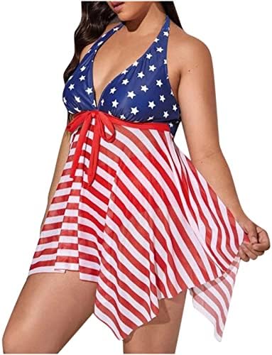 Mulheres Vestido de natação de duas peças American Flag Swimshal Halter Tankini Top Top Tank com Shorts de Controle de Barriga