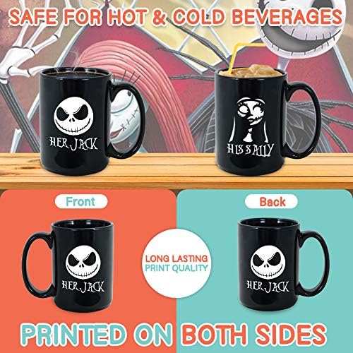 Jack e Sally Halloween Canecas 15 oz, conjunto de 2 casais caneca de café, Nightmare Horror Ghost Scary Skellington sua Sally, seu presente de Natal para namorado para namorado, preto