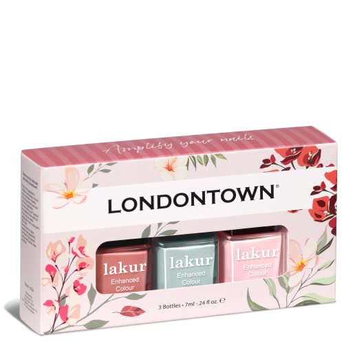 Londontown Um britânico de Brit of Blooms Mini Manicure Unh Nail Color Conjunto-Lakur aprimorou o esmalte vegano sem glúten sem glúten-copos de rosa, fora do escritório rosa pastel, hortelã sem chip verde, 7ml