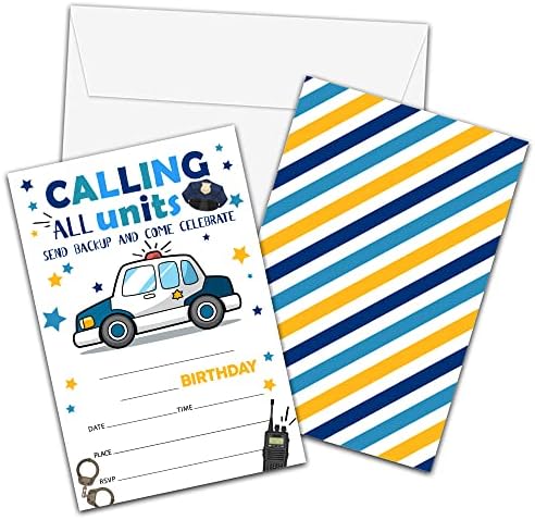 Convites de aniversário da polícia com envelopes - Cartão de convite de festa de aniversário da polícia para meninos - chamando