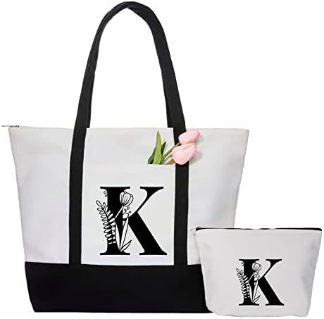 Janhavi Inicial Saga de tela com zíper, bolsa de presente personalizada com bolsos dianteiros e internos, sacolas reutilizáveis ​​para mulheres
