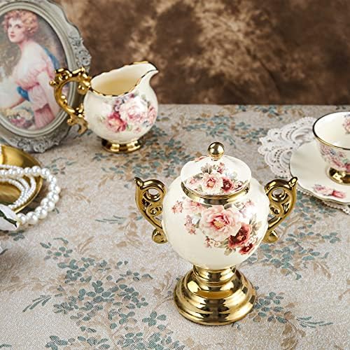 Fanquare 15oz Vintage Floral Cookie Jar com tampa, Jar de doces de porcelana grande para balcão, frasco de armazenamento de cozinha dourada, jarro decorativo com tampa