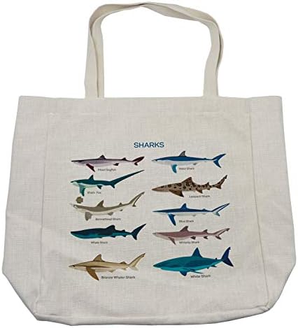 Bolsa de compras de tubarão de Ambesonne, tipos de tubarões Pattern Whaler Piced Dogfish Whlae Shark Maritime Design náutico e ecológico