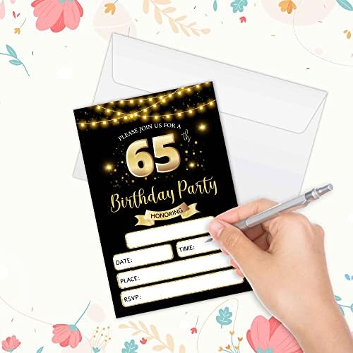 RLCNOT 65º aniversário de convites com envelopes de 20 - Convites clássicos de festa de aniversário de ouro preto para adolescentes, adultos, homem, mulher, celebração de festa, suprimentos/bday102