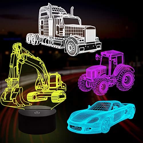 LAMPEEZ 3D Lâmpada de carro Night Light 3D Lâmpada de ilusão para crianças, carro, caminhão, trator, escavadeira, 16 cores mudando com presentes de carro de decoração de quarto de garotos remotos e diminuídos para meninos para meninos meninas