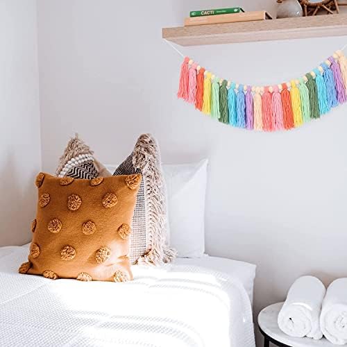Garland pastel de borla, colorida decoração de parede de arco -íris com miçanga de madeira guirlanda colorida para garotas quarto