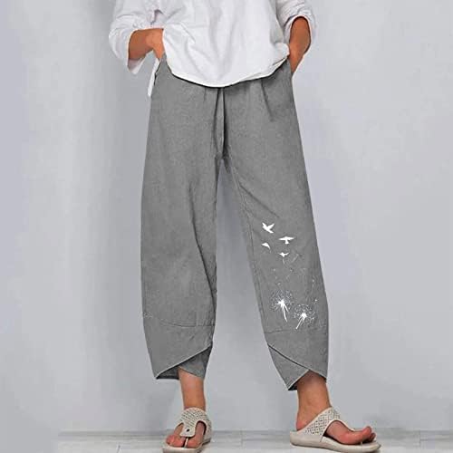 Calças Wocachi Capri para mulheres casuais, calças de linho feminino calças de cintura alta largura de pernas largas com bolsos