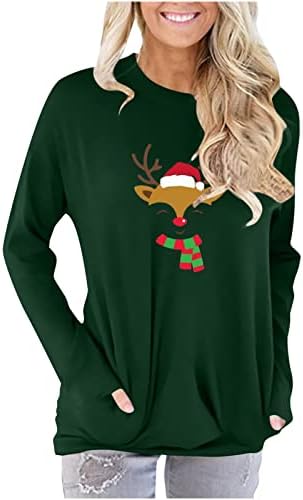 Narhbrg Christmas Tops for Women Camisetas de bolso engraçado impressão de rena moletom casual túnica macia de túnica