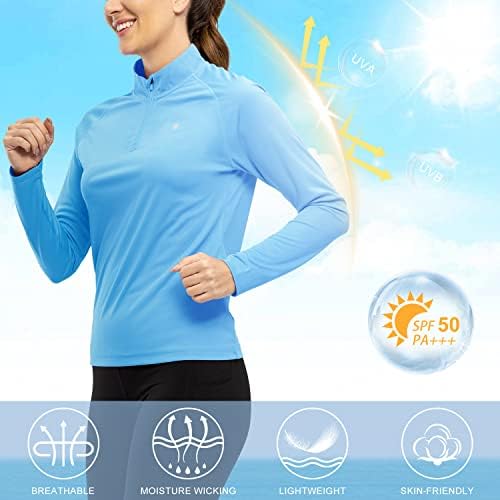 Camisas pólo de manga longa de BGOWATU para mulheres, UPF 50+ Proteção solar Camisas atléticas, 1/4 de guarda acelerada leve