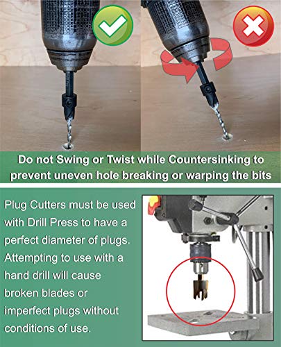 JNB Pro Wood Countersink Drill Bit Bit & Wood Plug Cutters-2 PC Bit de contraste ajustável #8 #12 e 2 Cortadores de plug de madeira cortadores de dowel 3/8 & 1/2 Diâmetro-1 Wex-1/4 Mudança rápida