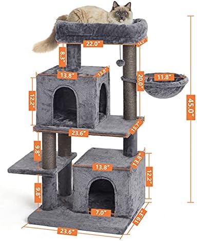 Torre de gato de vários níveis de 45 polegadas, árvore de gatos, árvore de gatos, com hammock e postes de arranhões cobertos de sisal, 2 condomínios de luxo, para gatinho, animal de estimação, atividade interna relaxante, cinza